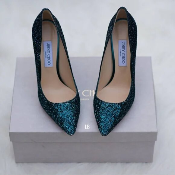 Jimmy Choo Peacock/Navy Romy 100 Glitter Ombré Heels - Picture 5 of 11